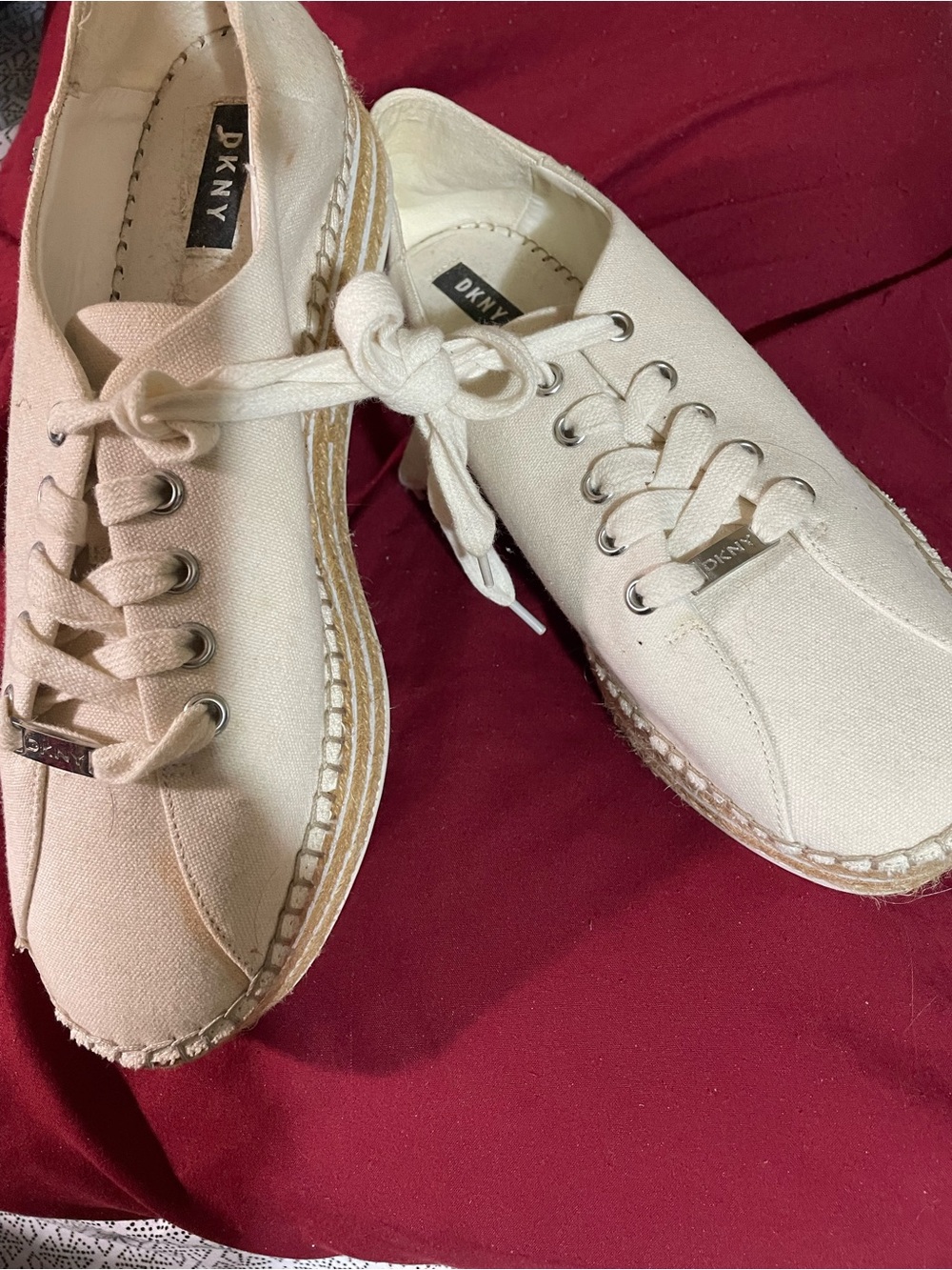 DKNY Cream Canvas Espadrille Lace-Up Sneakers